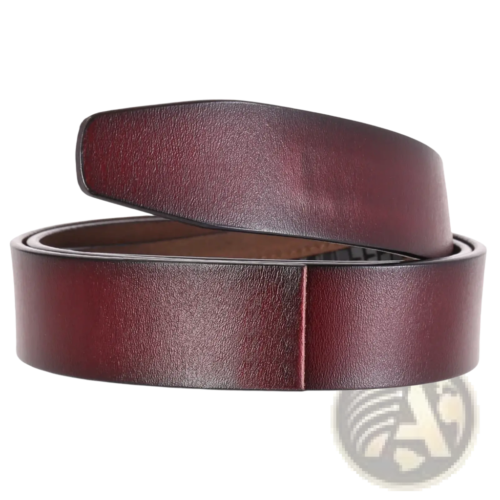 A rich burgundy men ratchet leather belt holeless strap 3.5cm with smooth slightly textured surface and minimalist design