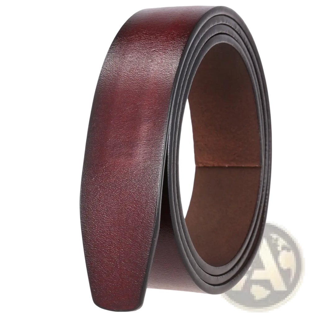 A coiled men ratchet leather belt holeless strap 3.5cm in rich burgundy with smooth texture and stitched edges