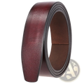 A coiled men ratchet leather belt holeless strap 3.5cm in rich burgundy with smooth texture and stitched edges