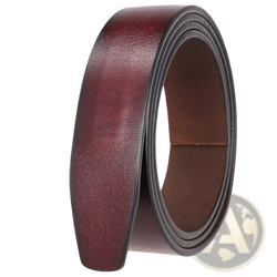 A coiled men ratchet leather belt holeless strap 3.5cm in rich burgundy with smooth texture and stitched edges