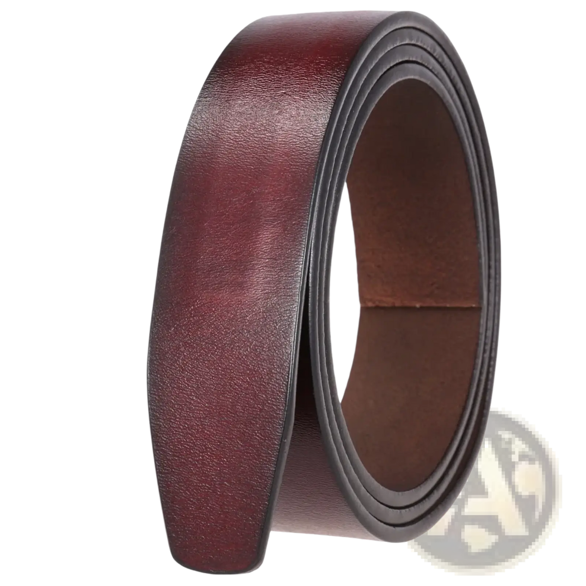 A coiled men ratchet leather belt holeless strap 3.5cm in rich burgundy with smooth texture and stitched edges