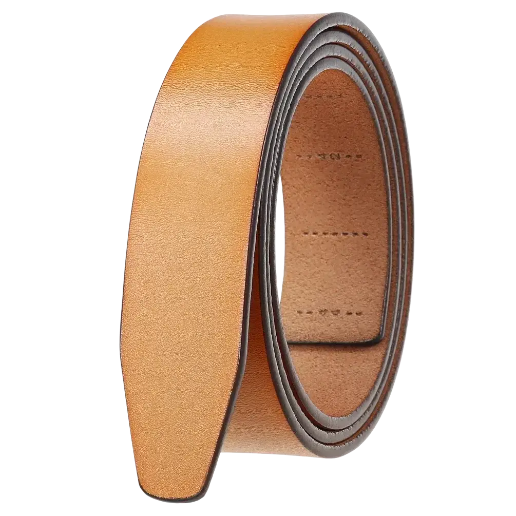Men ratchet leather belt with tan holeless strap featuring a smooth textured surface and visible edge stitching