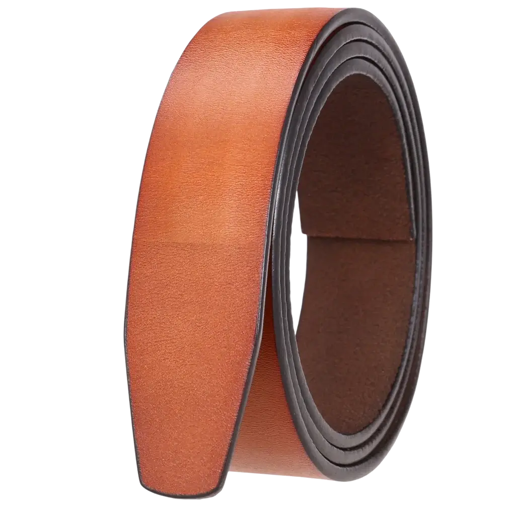 Men ratchet leather belt holeless strap 3.5cm in tan leather with black stitched edges and smooth textured surface