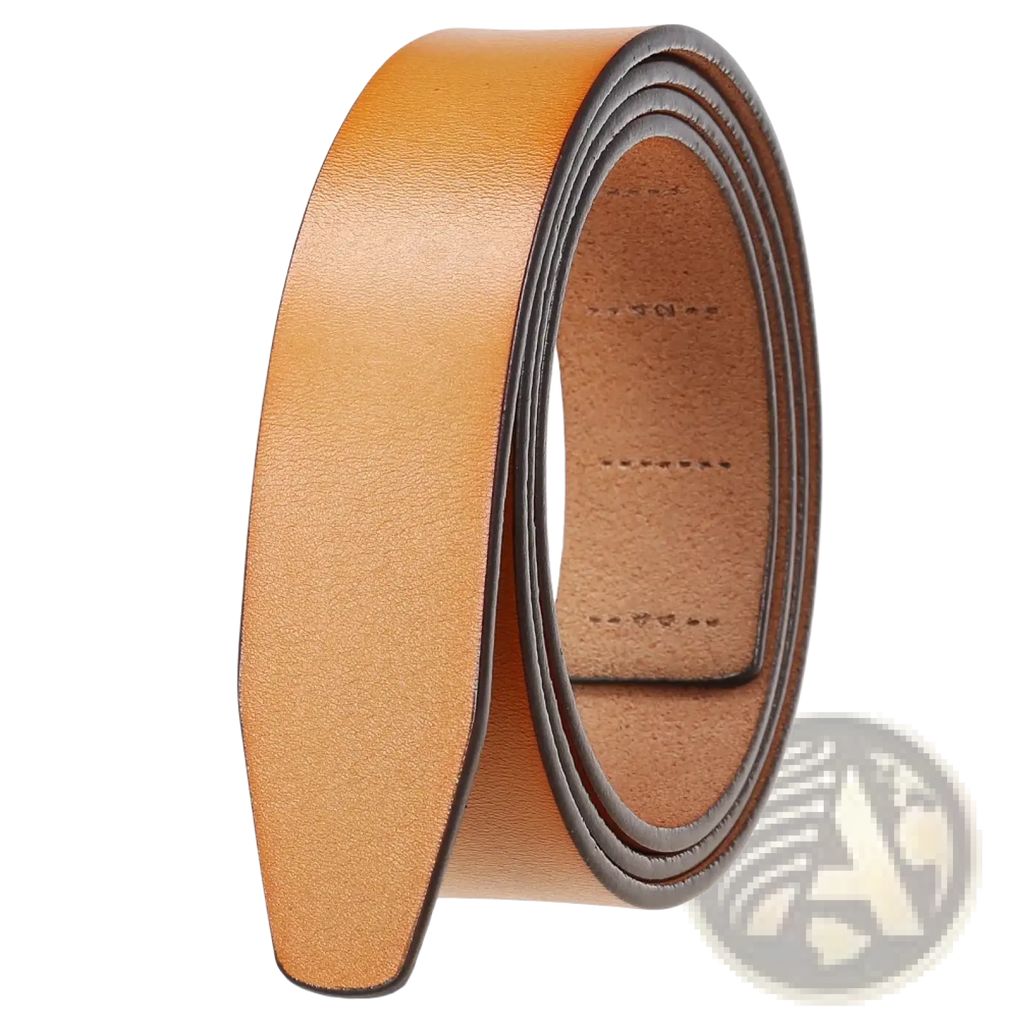 Men ratchet leather belt holeless strap in tan leather with smooth slightly textured surface and neatly stitched edges