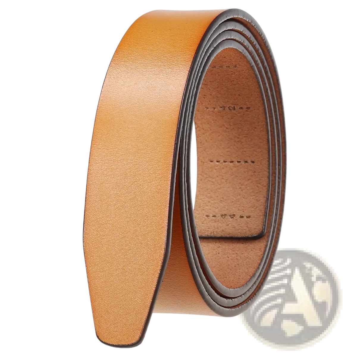 Men ratchet leather belt holeless strap in tan leather with smooth slightly textured surface and neatly stitched edges