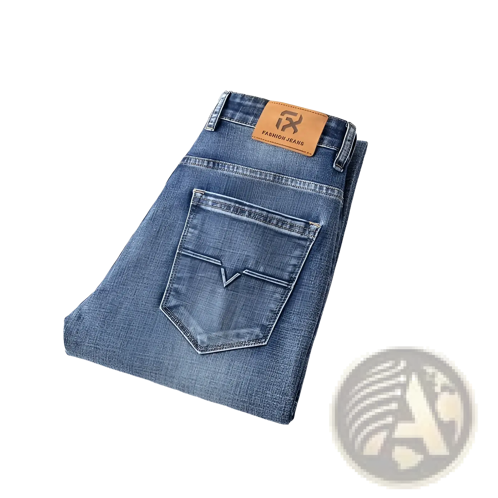 Men regular fit stretch denim jeans in blue with a brown leather brand patch on the waistband back view