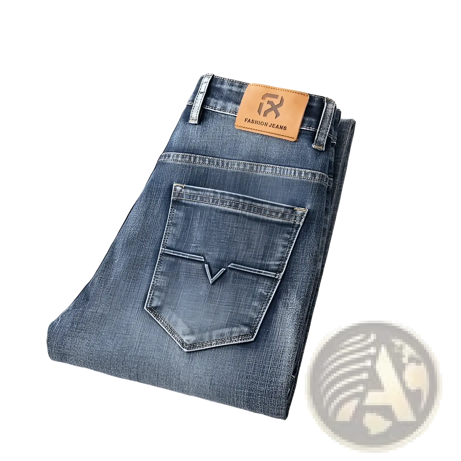 Men regular fit stretch denim jeans blue with brown leather patch and v-shaped stitch on back pocket backside view