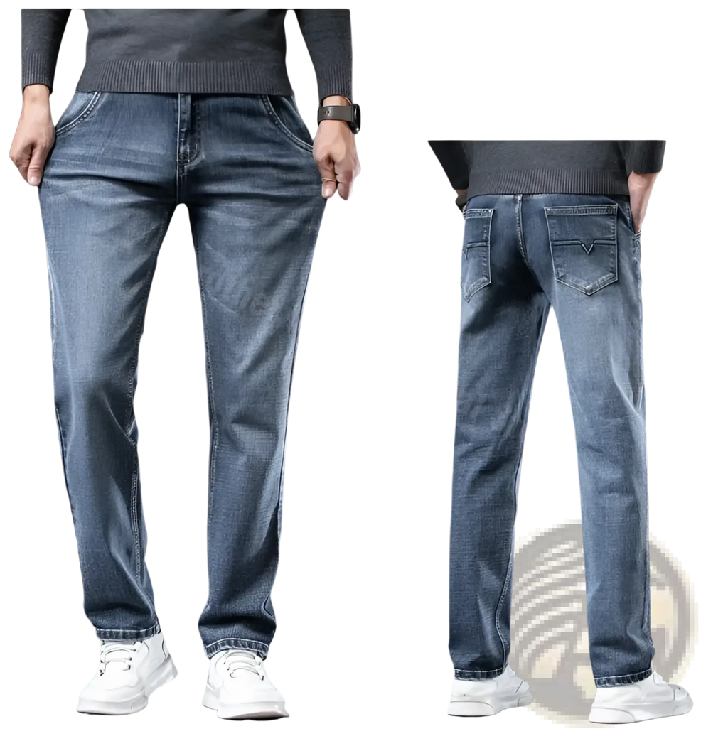 Men regular fit stretch denim jeans in blue with slim fit, subtle fading, classic stitching, and rear pockets shown from back