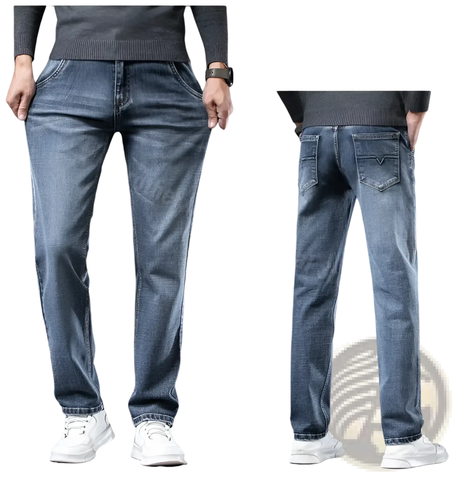 Men regular fit stretch denim jeans in blue with slim fit, subtle fading, classic stitching, and rear pockets shown from back