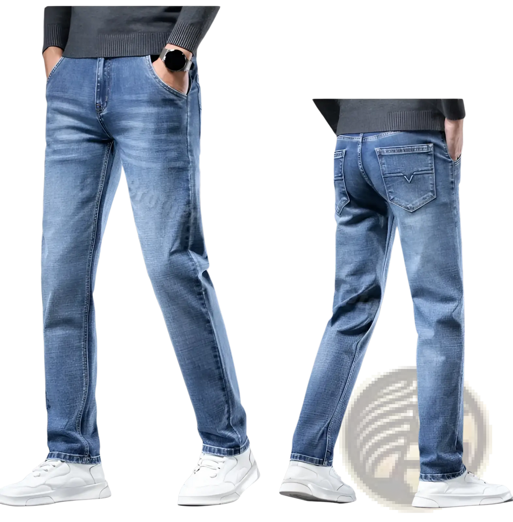 Men regular fit stretch denim jeans in blue with slim fit and subtle fading made from denim material