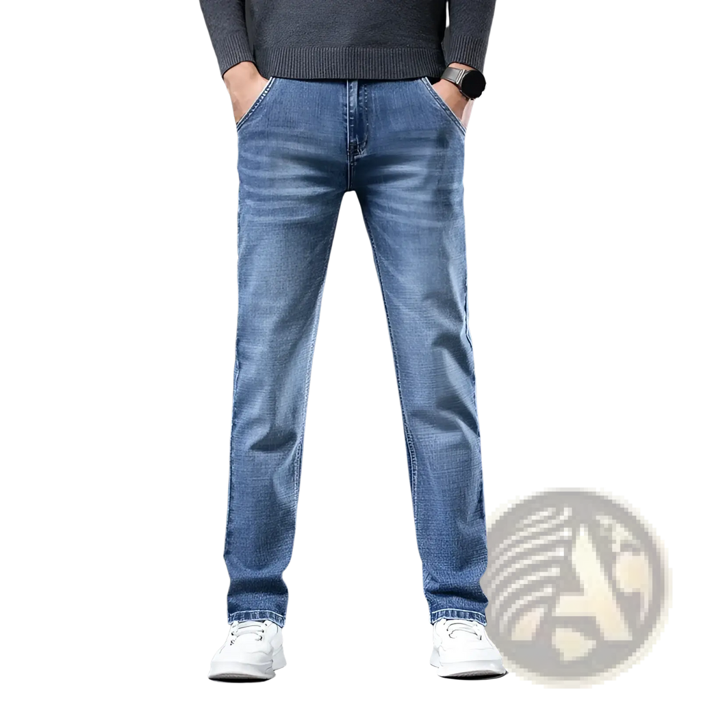 Men regular fit stretch denim jeans in blue with a straight-leg cut and subtle fading made of denim material