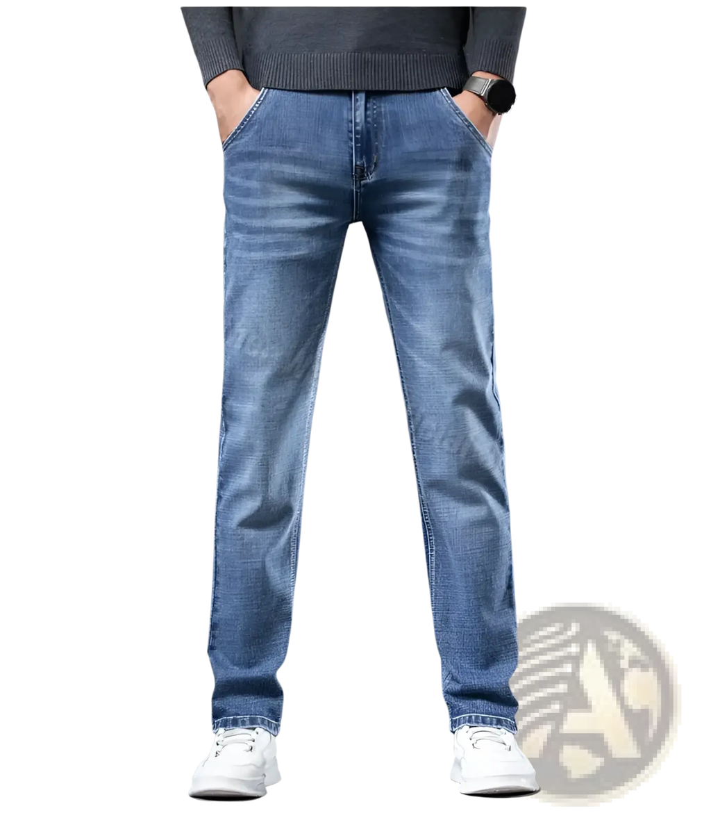 Men regular fit stretch denim jeans in blue with a straight-leg cut and subtle fading made from denim material