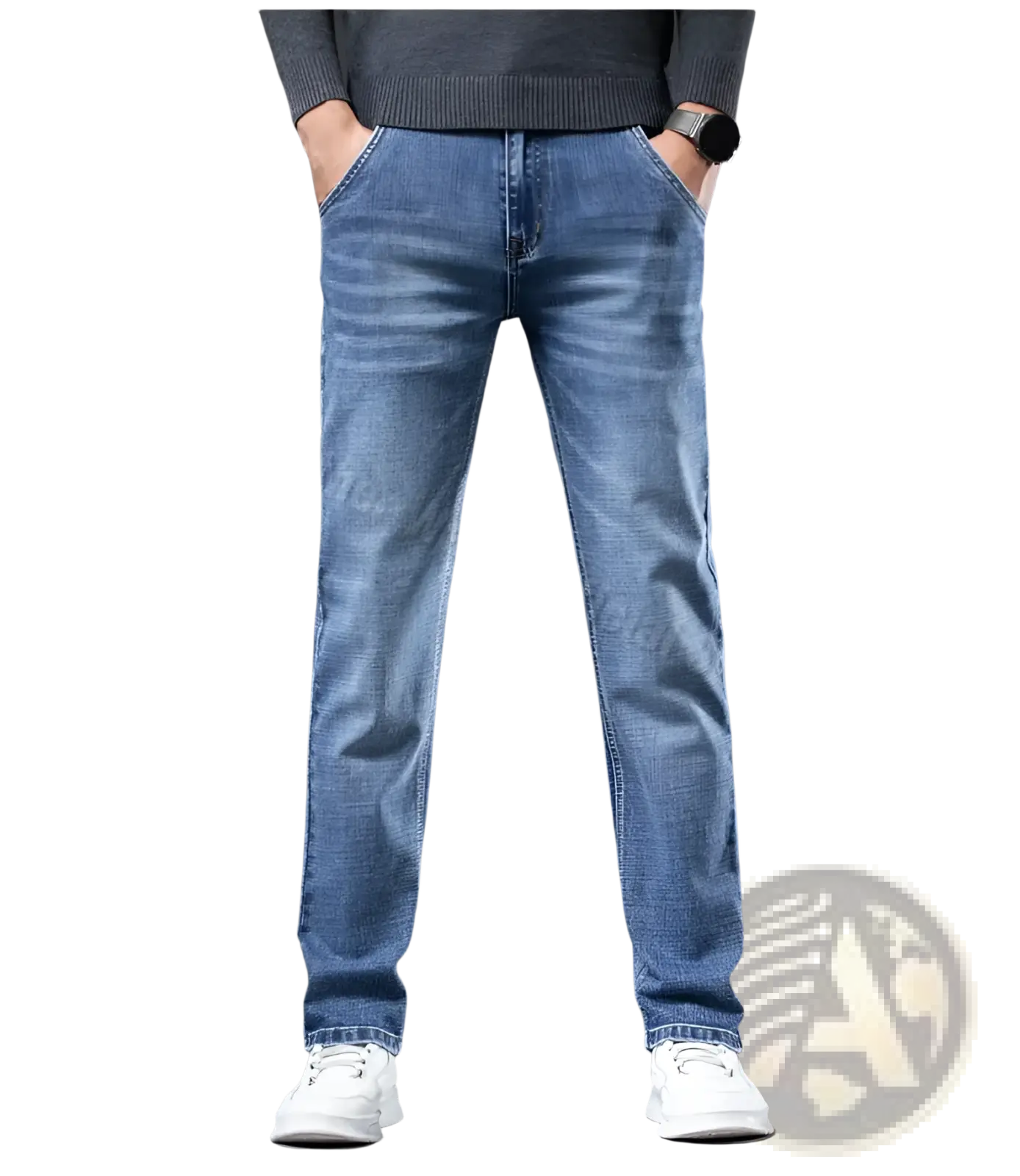 Men regular fit stretch denim jeans in blue with a straight-leg cut and subtle fading made from denim material