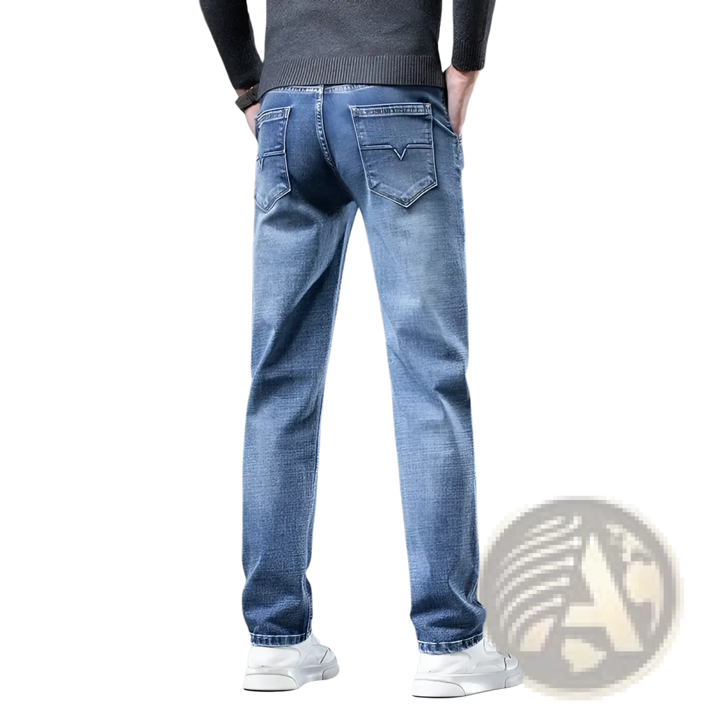 Men regular fit stretch denim jeans in blue with straight-leg cut and subtle fading made of durable denim