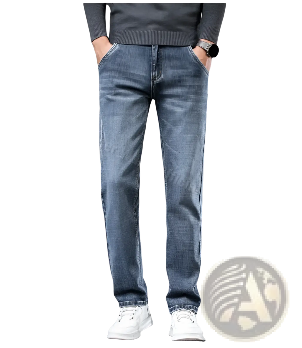 Men regular fit stretch denim jeans in blue with straight-leg cut and subtle fading in soft stretch fabric