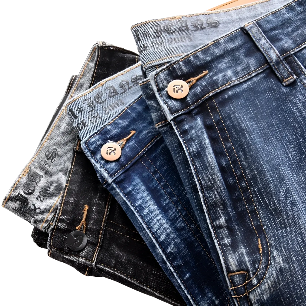 Men regular fit stretch denim jeans in dark blue with faded wash, tan stitching, and branded buttons