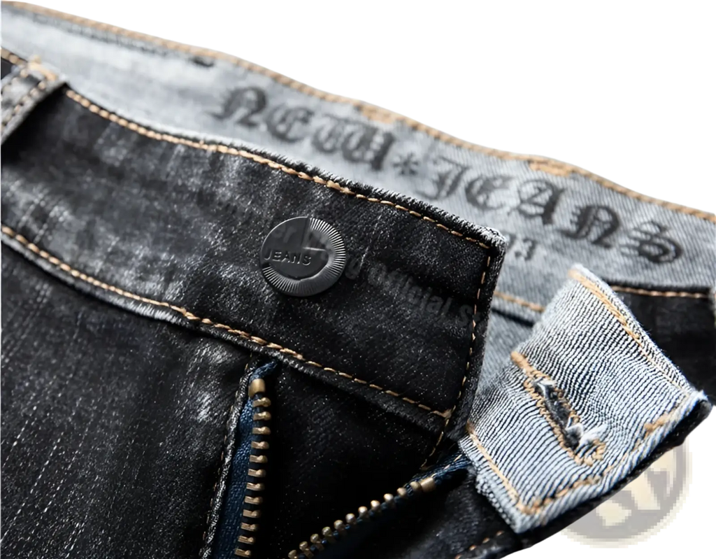 Men regular fit stretch denim jeans in dark wash with black button labeled jeans and contrasting tan stitching