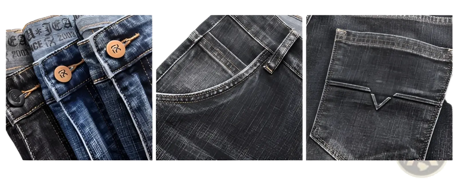 Men regular fit stretch denim jeans in dark wash showing back side with brown wooden buttons and v-shaped pocket stitching