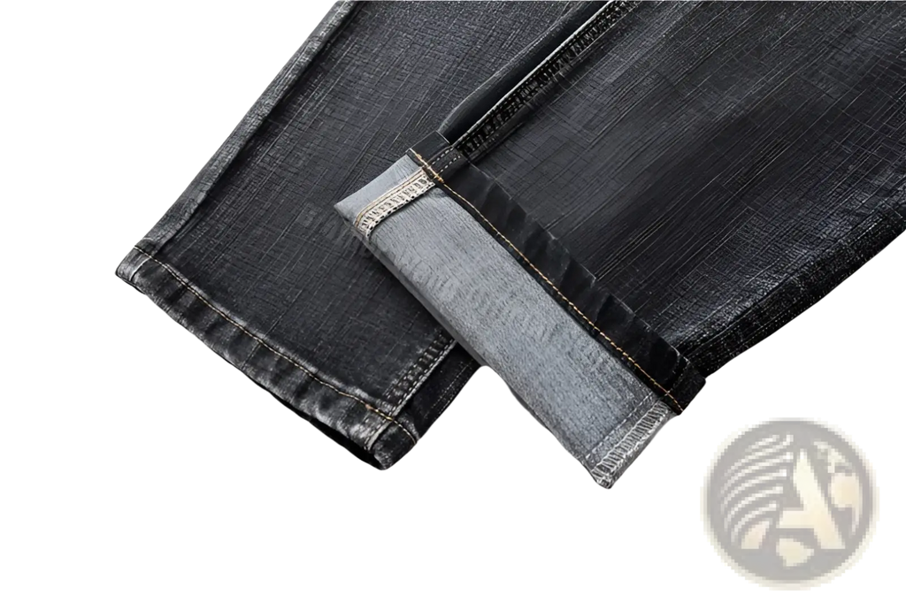 Men regular fit stretch denim jeans in dark wash with rolled cuff showing lighter inner fabric detail