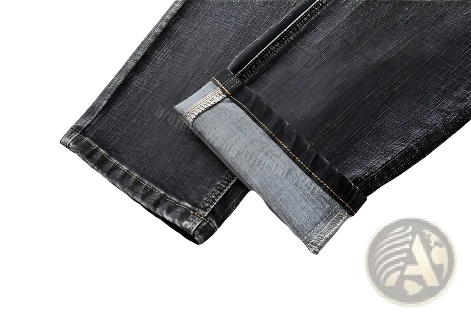Men regular fit stretch denim jeans in dark wash with rolled cuff showing lighter inner fabric detail