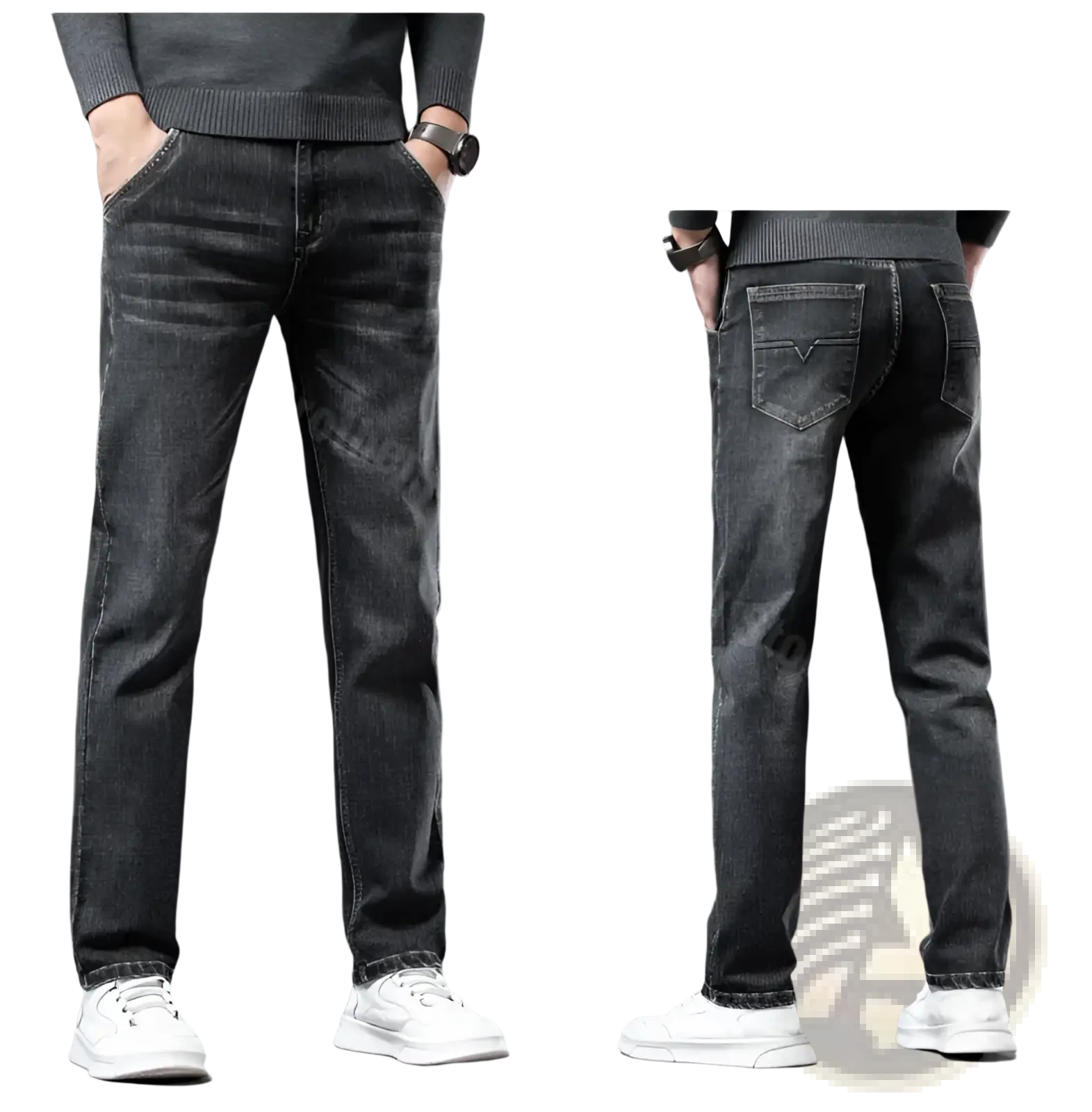 Men regular fit stretch denim jeans in dark wash with slim fit, subtle fading, classic stitching, and rear pockets shown from back
