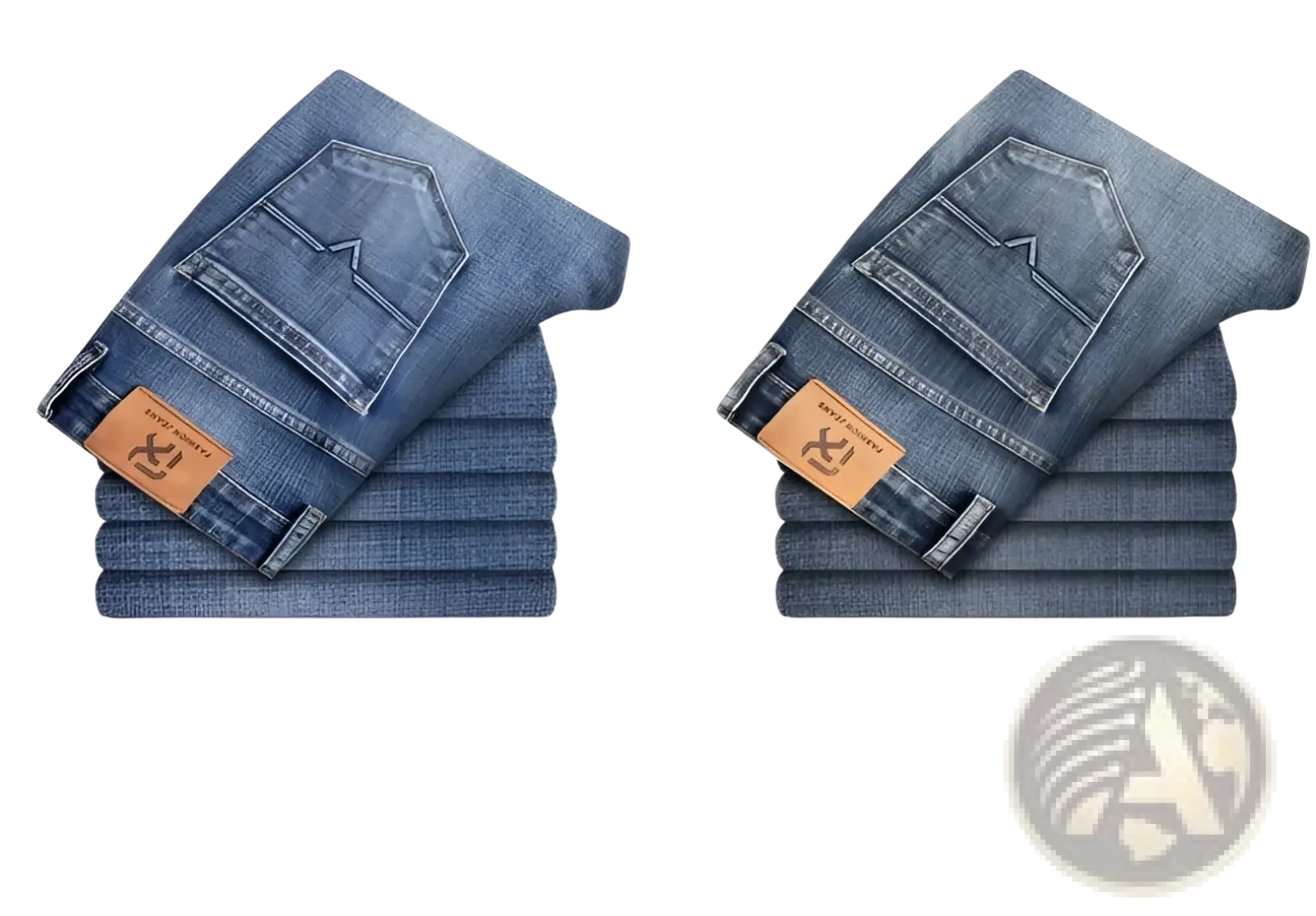 A pair of folded men regular fit stretch denim jeans in light blue and blue gray with brown leather patches