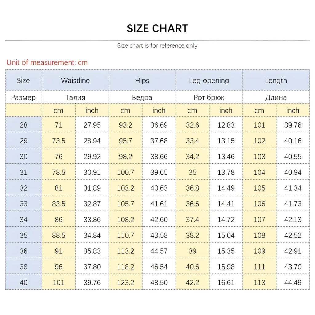 Men regular fit stretch denim jeans size chart showing measurements in centimeters and inches for sizes 28 to 40