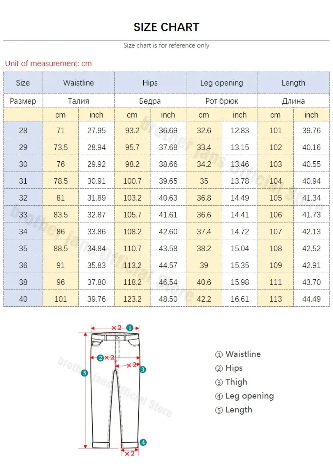 Size chart for men regular fit stretch denim jeans showing waistline hips thigh leg opening and length in cm and inch