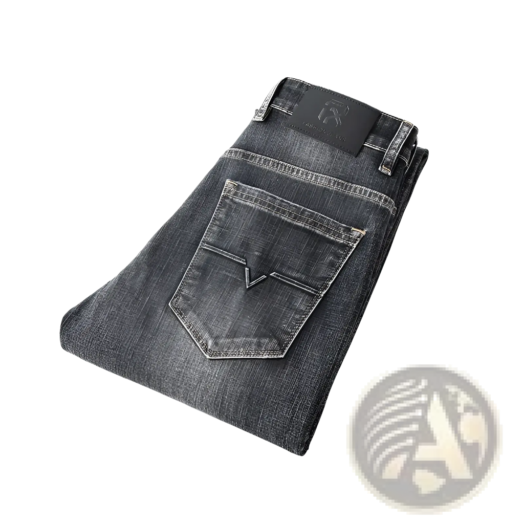 Dark gray regular fit stretch denim jeans with a thick cut and black brand patch on the waistband back side