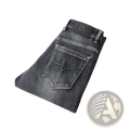 Dark gray regular fit stretch denim jeans with a thick cut and black brand patch on the waistband back side