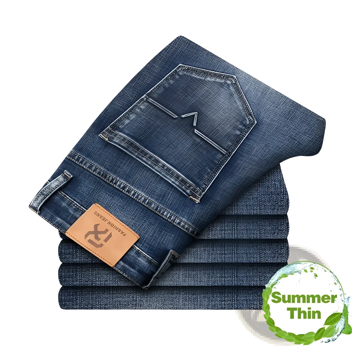 Stack of dark blue men regular fit stretch denim jeans with a brown leather brand patch on the waistband back side