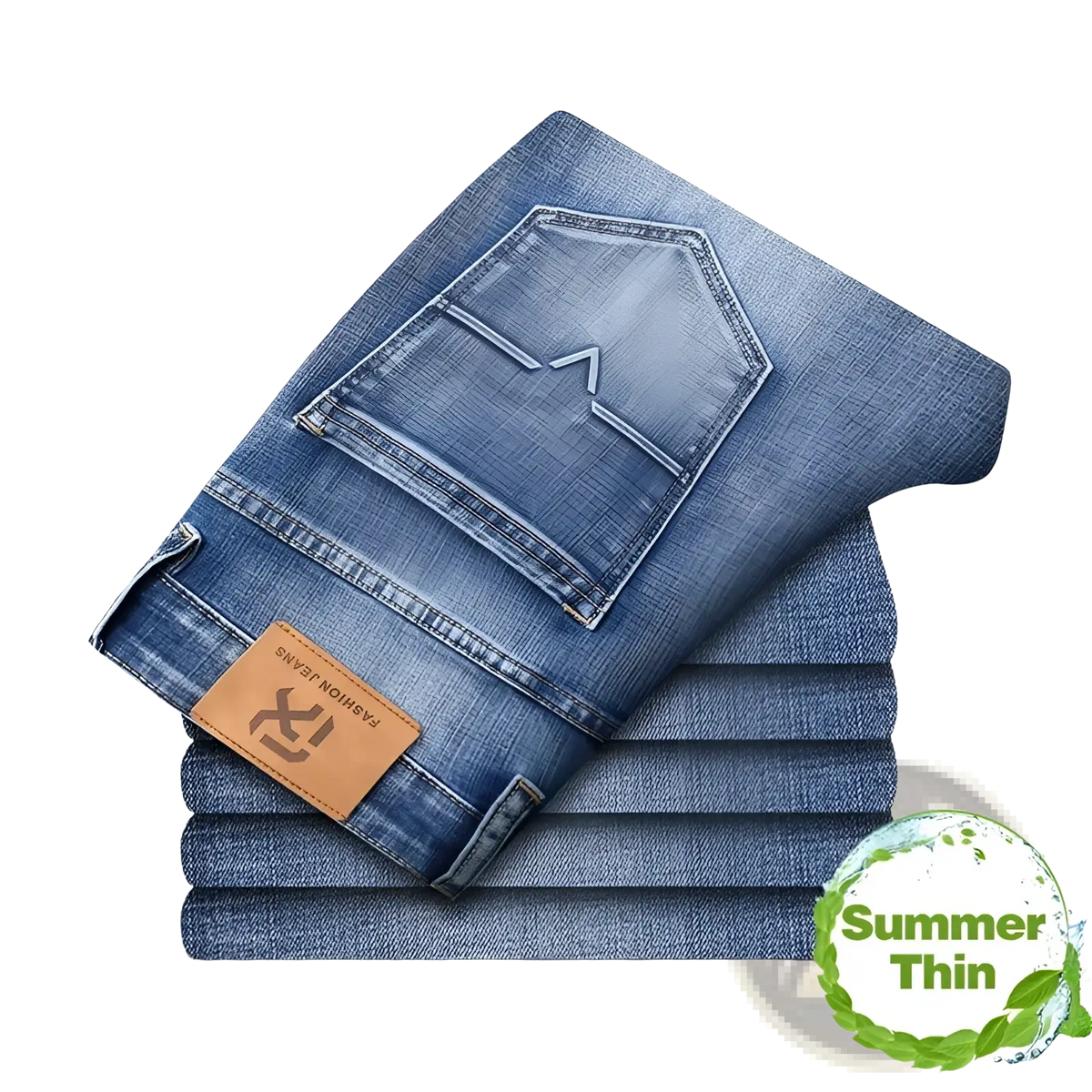 Stack of men regular fit stretch denim jeans in blue with faded wash and brown leather brand patch visible on back side