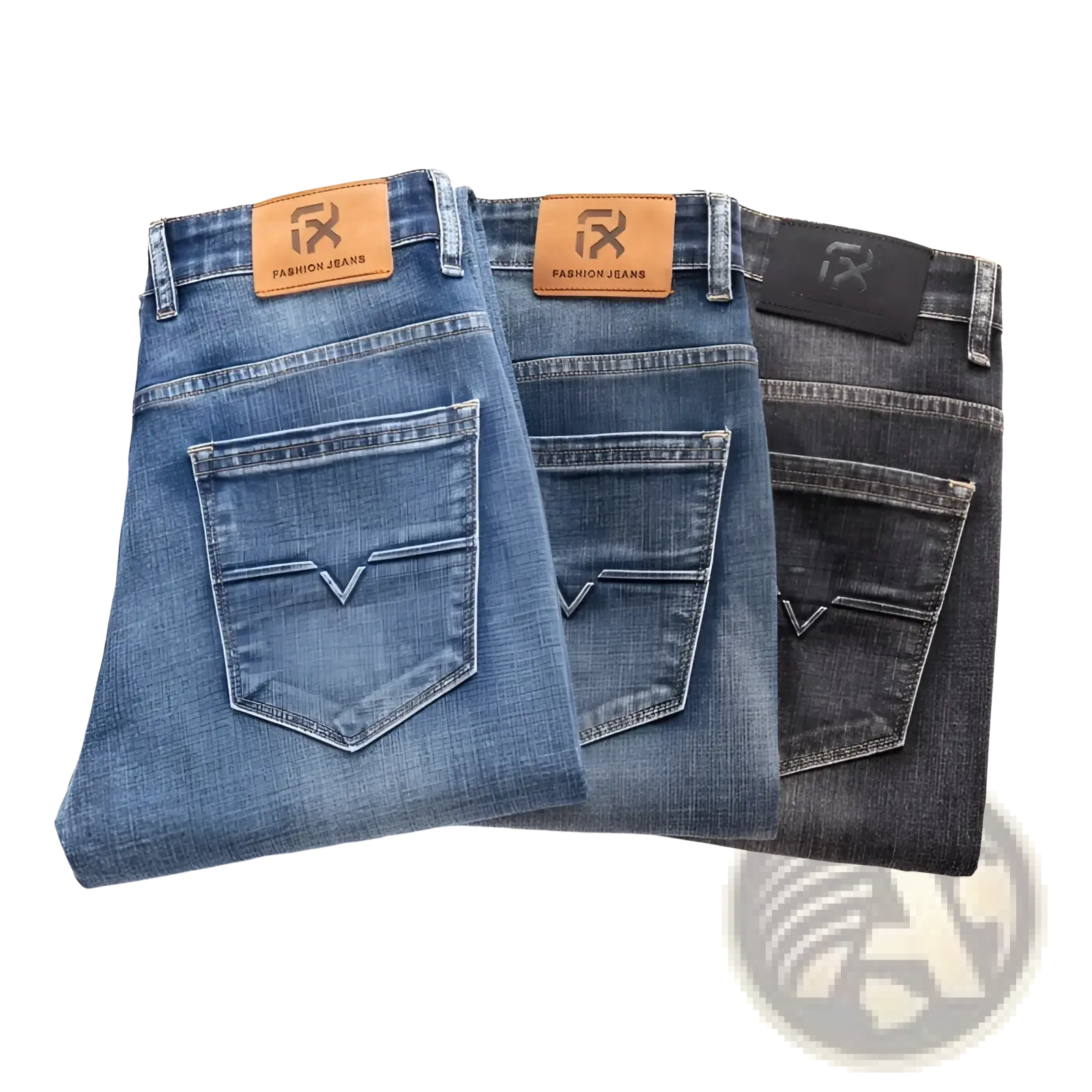 Three pairs of men regular fit stretch denim jeans in varying blue and black shades with branded leather waistband patch