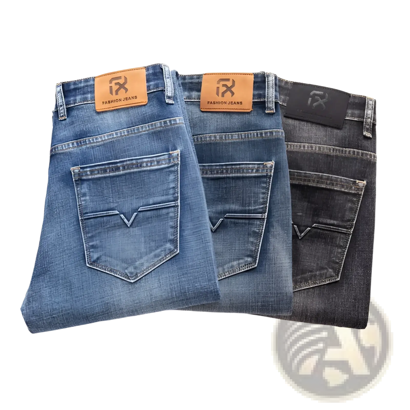 Men regular fit stretch denim jeans in medium blue dark wash and black with brown leather fashion jeans logo patch on back