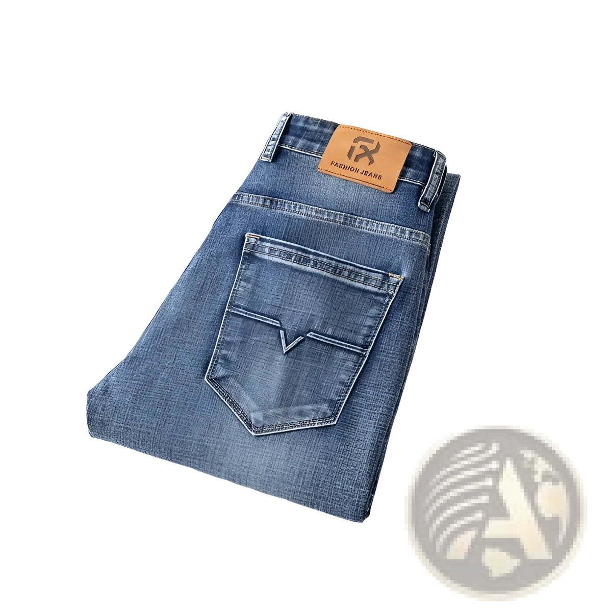 Men regular fit stretch denim jeans in blue denim with thick fabric and brown leather brand patch on the waistband