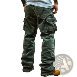 Men retro corduroy cargo pants in dark green with multiple pockets and a rugged utilitarian design