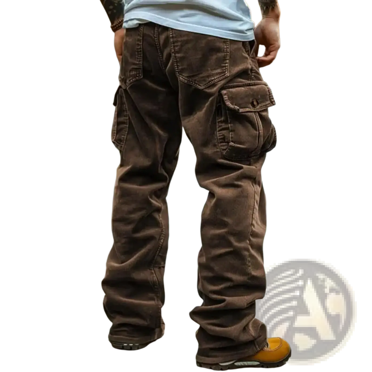 Men retro corduroy cargo pants in brown with multiple pockets made from rugged durable fabric for outdoor use