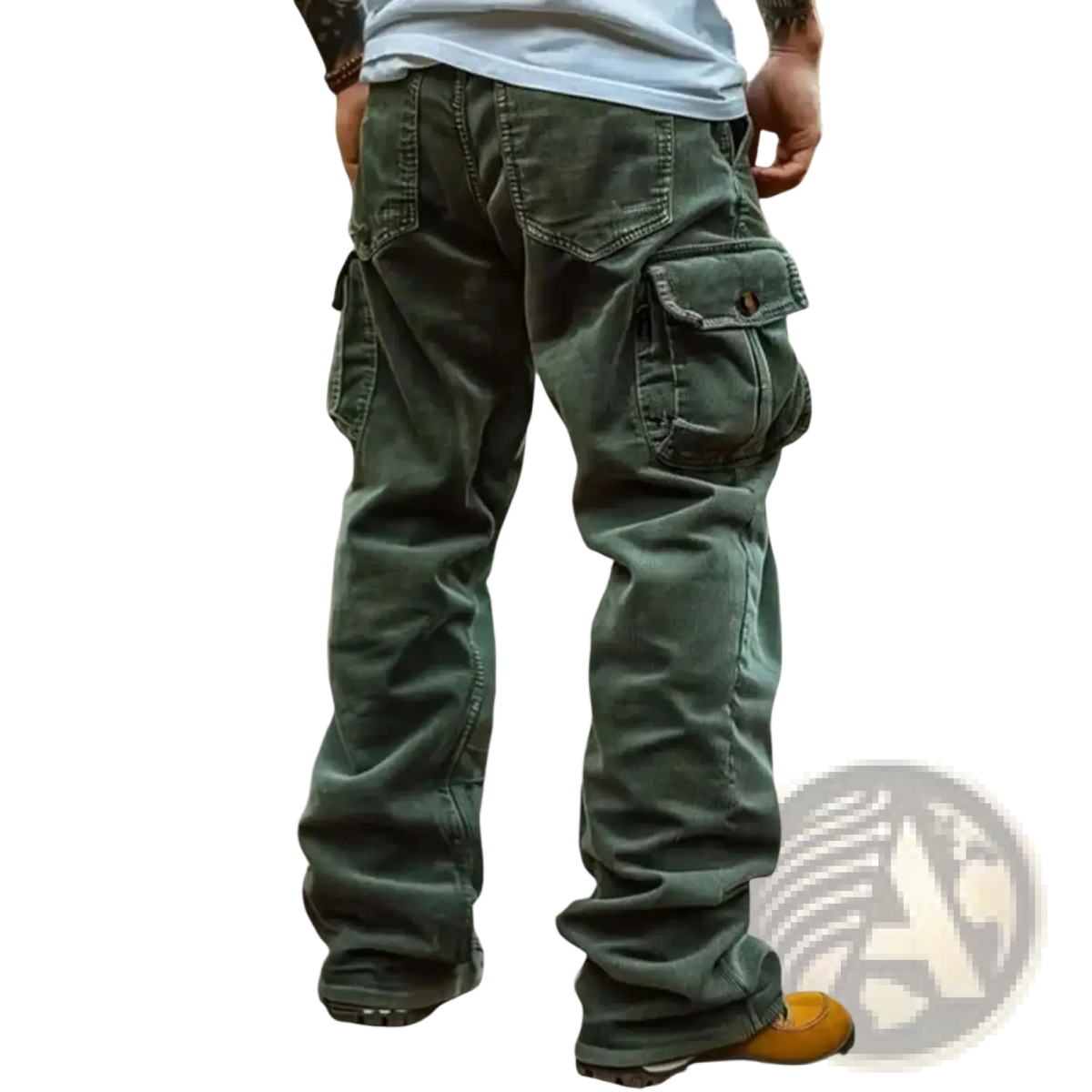 Men retro corduroy cargo pants in dark olive green featuring multiple pockets and a rugged utilitarian design