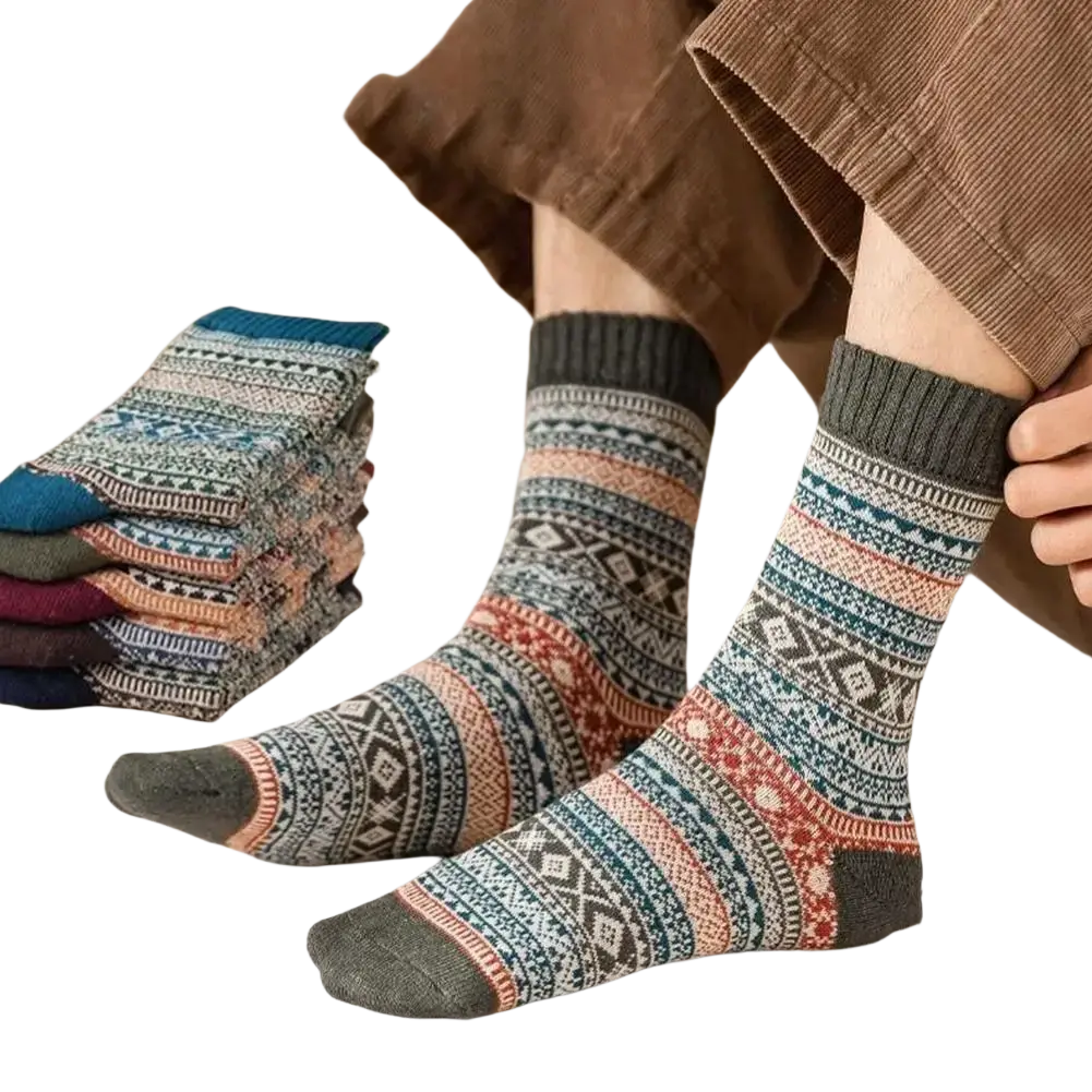 Men retro cotton crew socks mid-high tube with a cozy teal geometric pattern featuring ribbed cuffs and toe caps fashion trend