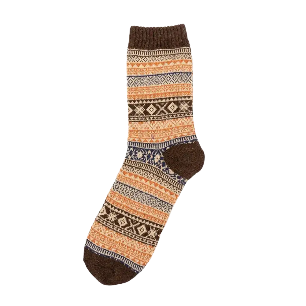 Men retro cotton crew socks mid-high tube featuring warm-toned orange brown geometric knit pattern with cream accents fashion trend