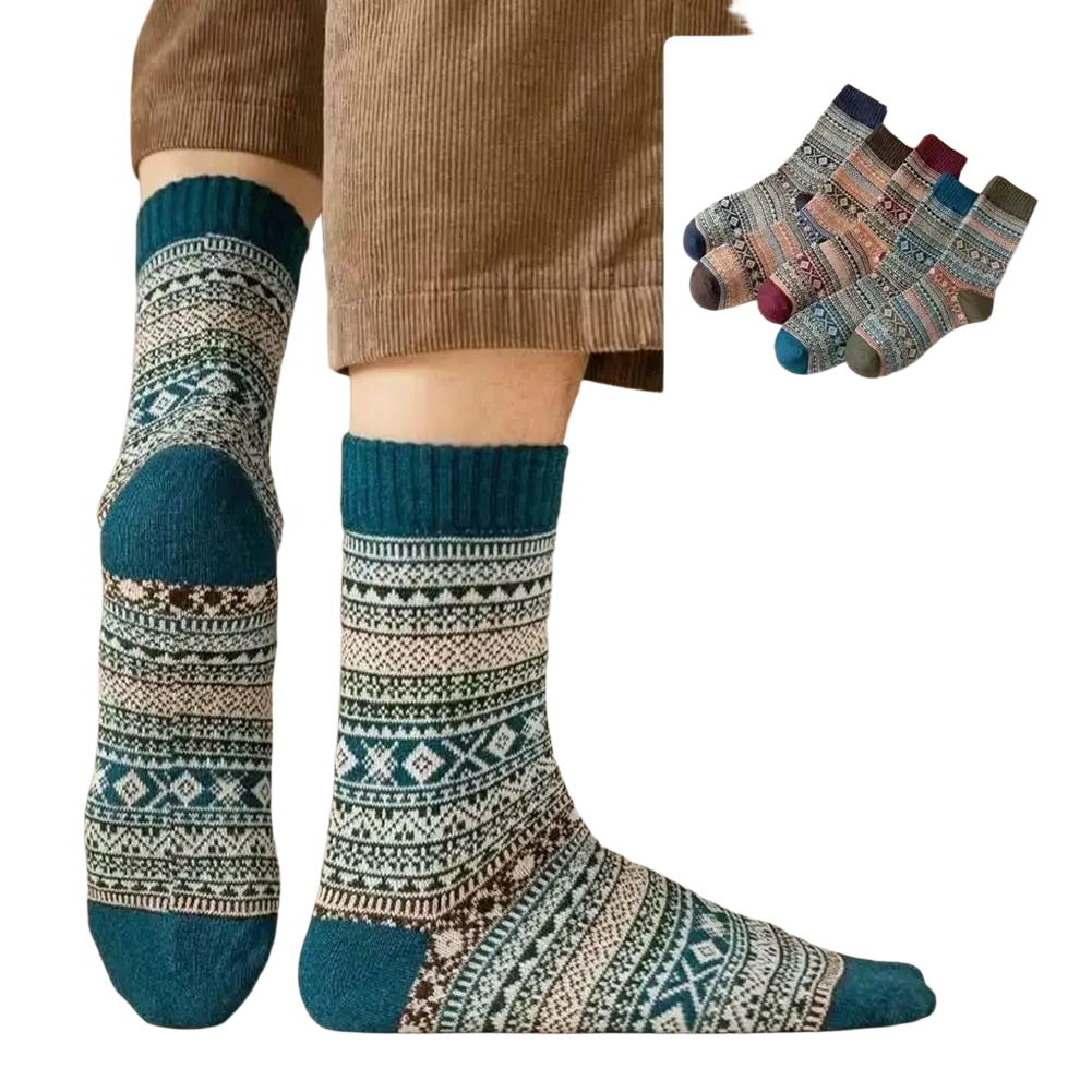 Men retro cotton crew mid-high tube thermal socks in teal and cream with geometric nordic-inspired fashion trend pattern