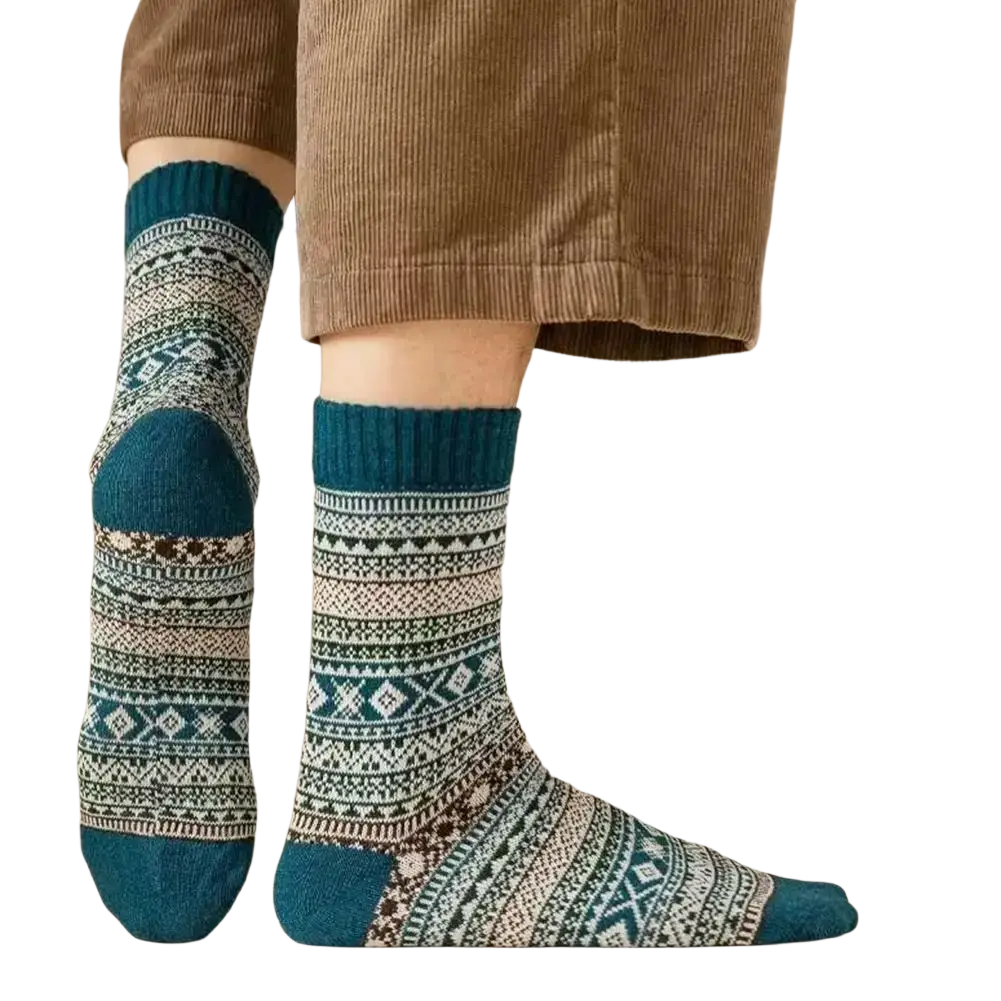 Men retro cotton crew socks mid-high tube thermal in teal with cream nordic-inspired knit pattern for fashion trend
