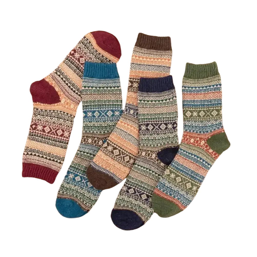 Four pairs of men retro cotton crew socks mid-high tube in teal with colorful knitted patterns for fashion trend wear