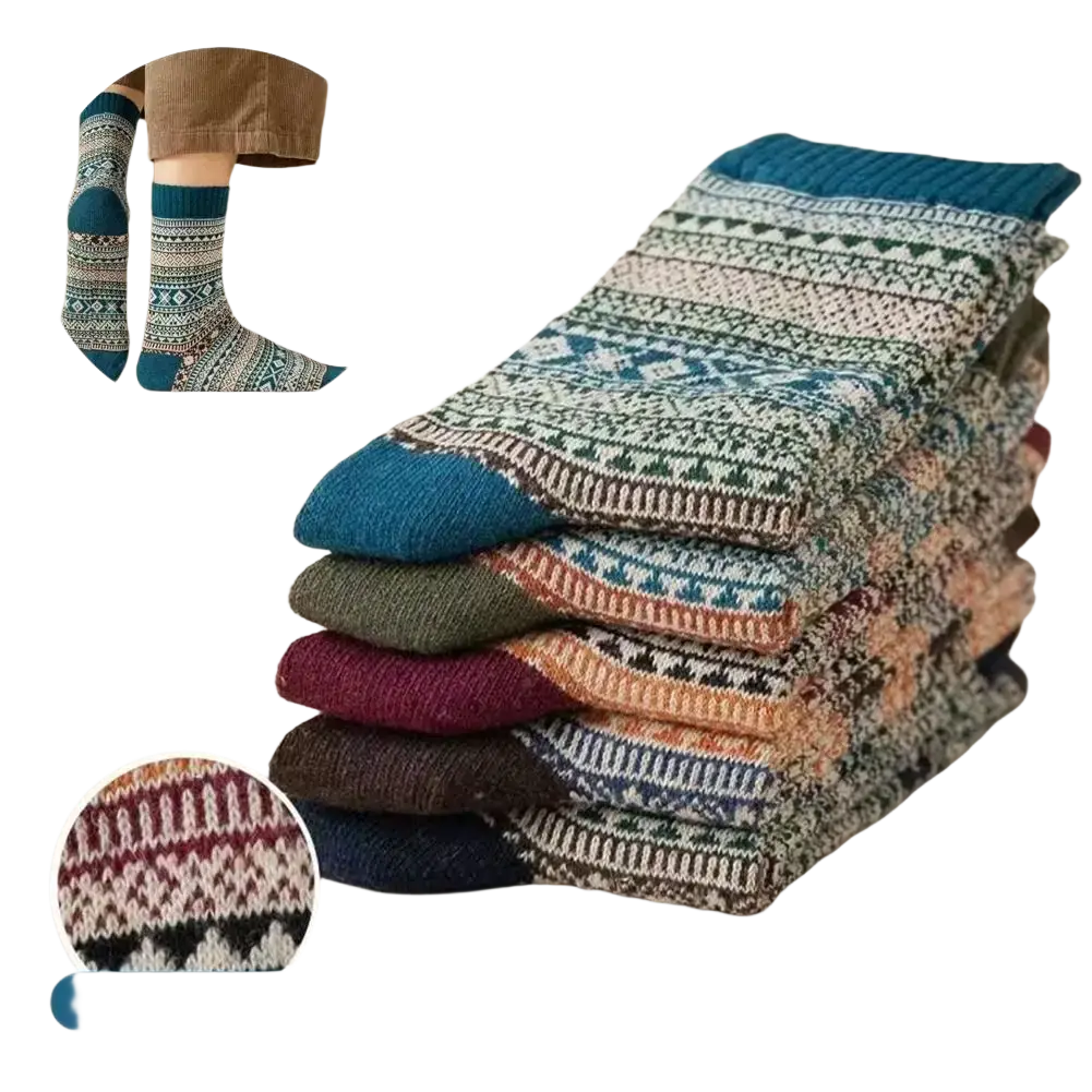 Stack of men retro cotton crew mid-high tube thermal socks in teal with cozy multicolored geometric knit patterns