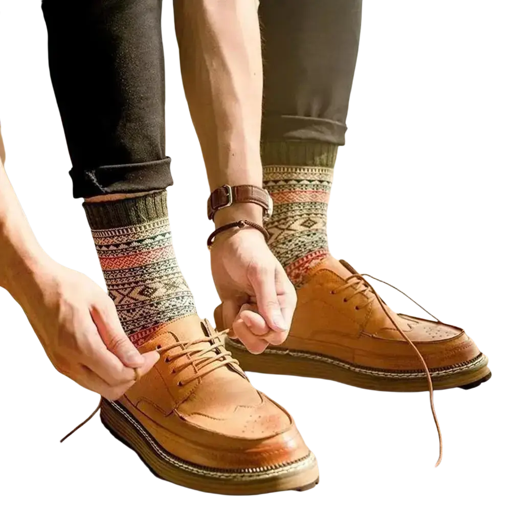 Tan leather brogue shoes with chunky sole and decorative perforations paired with mid-high tube thermal teal socks fashion trend