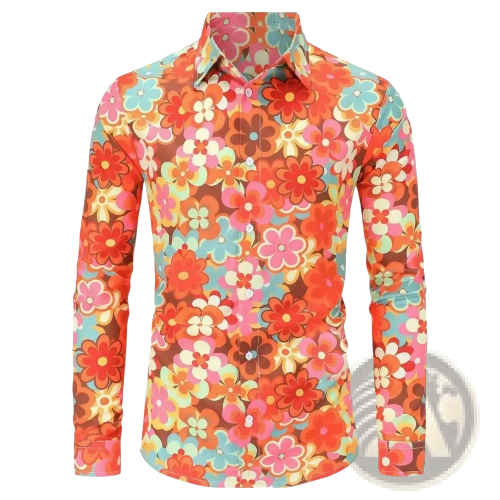Men retro floral long sleeve button up shirt with bold orange pink teal and brown retro floral pattern