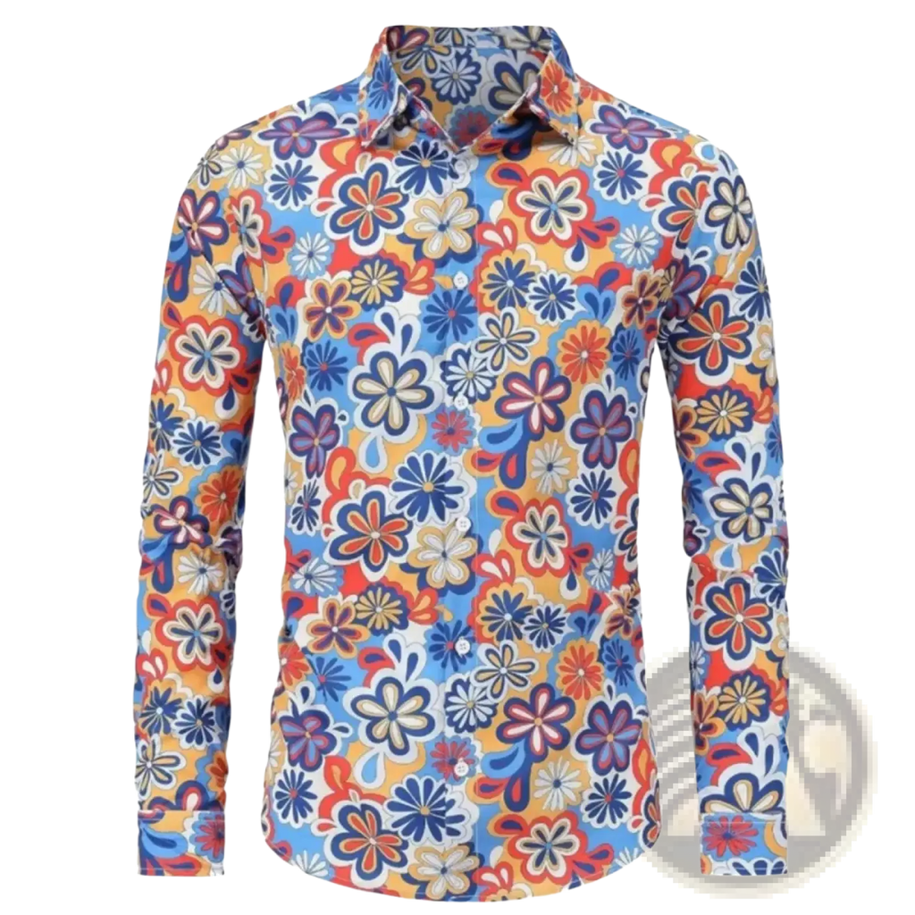 Men retro floral long sleeve button up shirt with bold psychedelic blue orange purple and cream floral pattern on light background