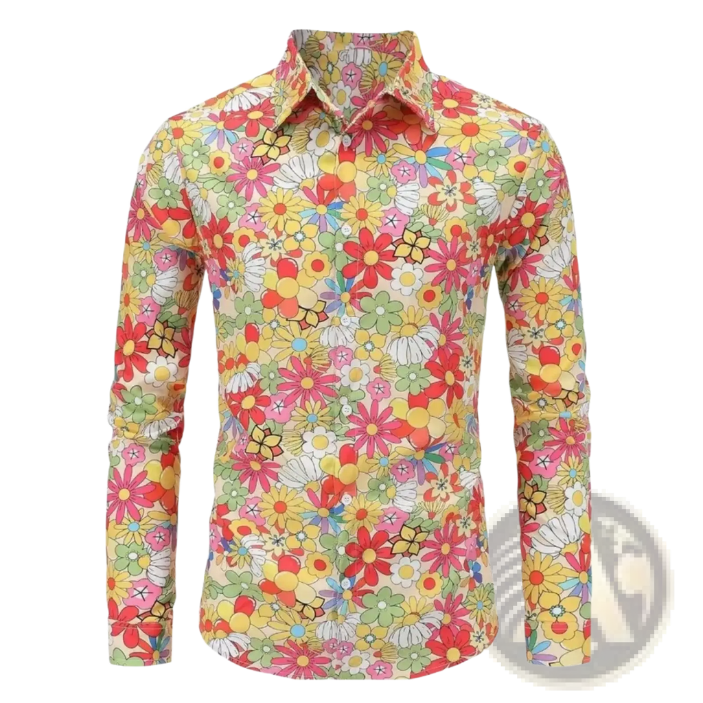 Men retro floral long sleeve button up shirt with vibrant red yellow pink green blossoms on light cream fabric