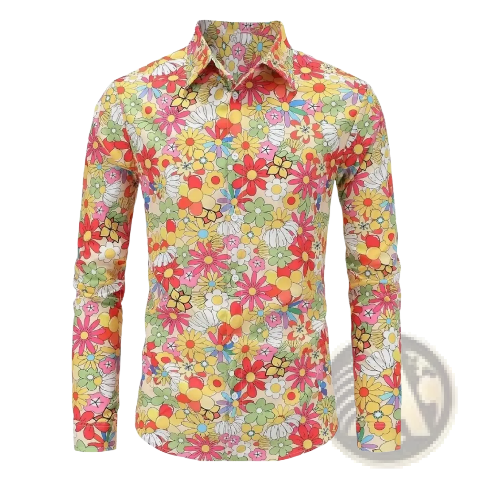 Men retro floral long sleeve button up shirt with vibrant red yellow pink green blossoms on light cream fabric