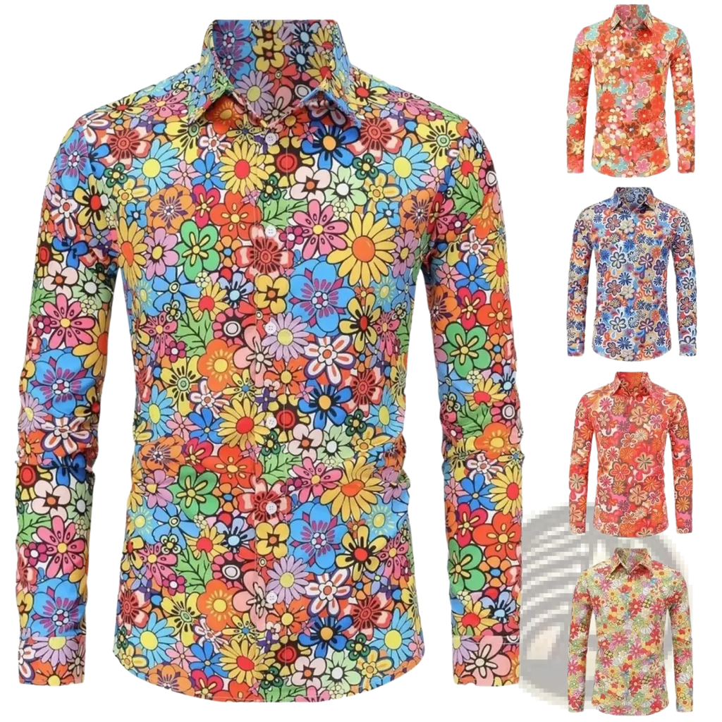 Men retro floral long sleeve button up shirt with vibrant psychedelic blue yellow pink and orange floral pattern